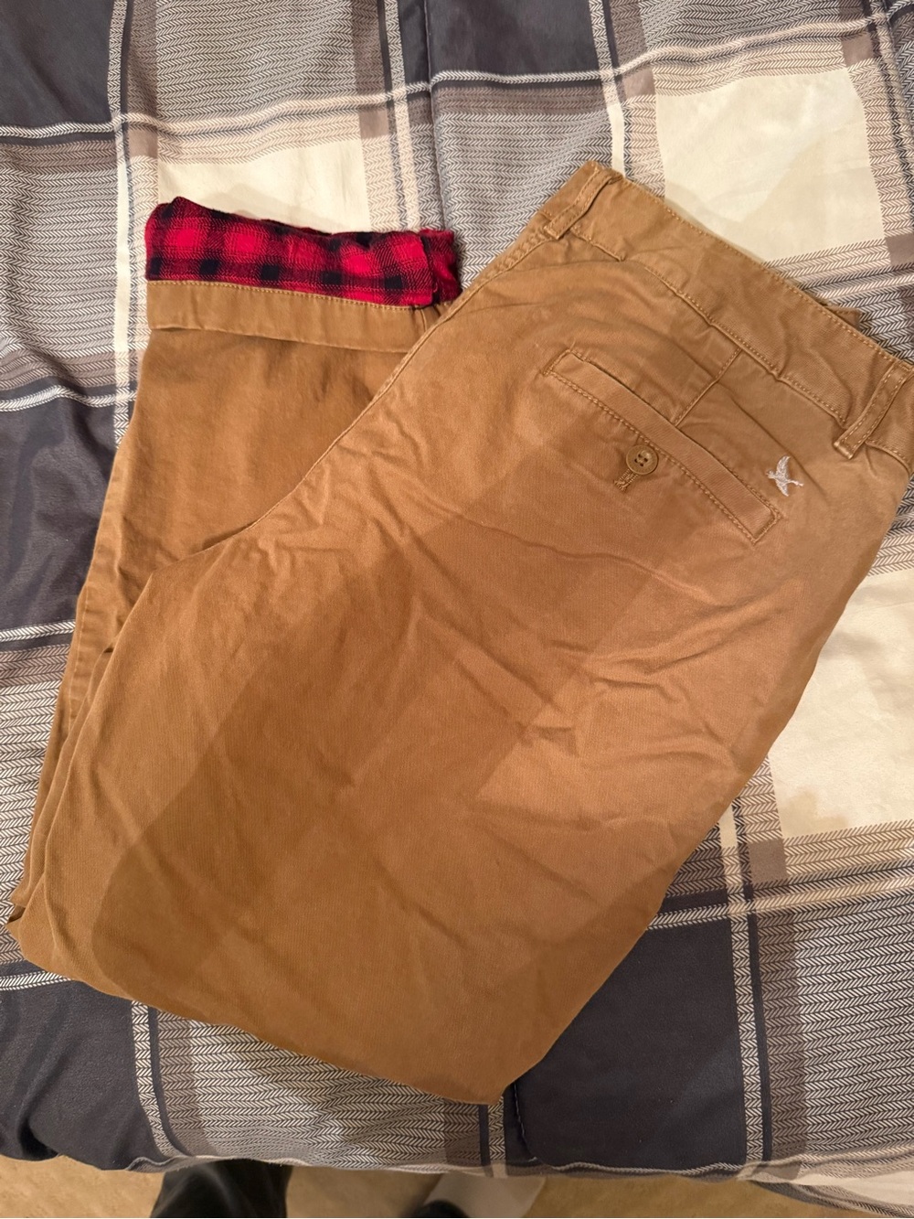 Eddie Bauer Tan Chino Pants with Red Plaid Lining